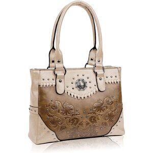Women's White Pu Leather Large Western Top Handle Vintage Embossed Shoulder Bag